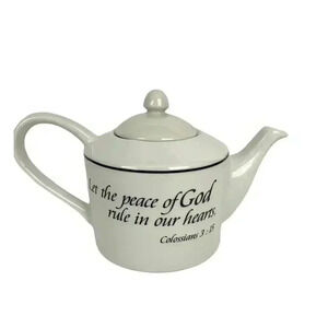 White Scripture Teapot Colossians 3:15‎ Peace of God Rule Hearts Microwave Safe